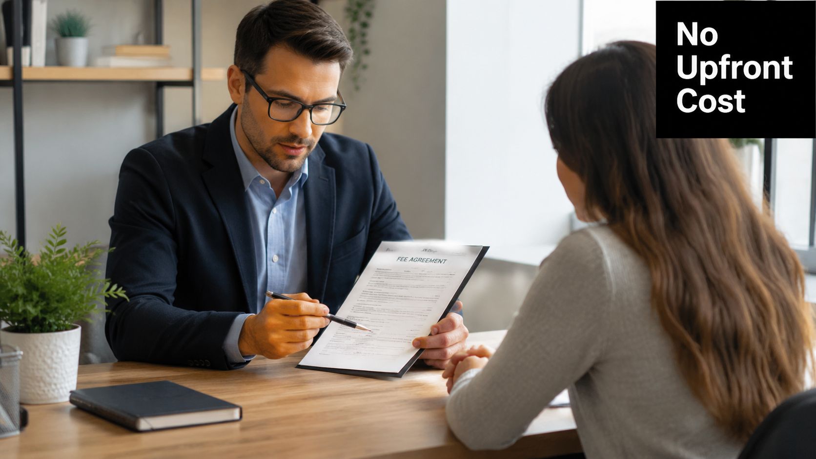A professional lawyer explaining a fee agreement document to a client during a consultation at an office desk.