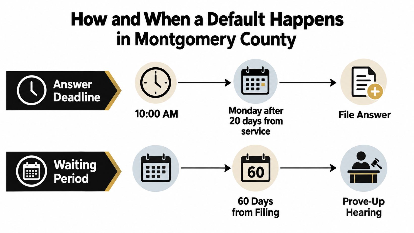 A diagram outlining the timeline for default legal proceedings in Montgomery County, including filing deadlines and hearings.