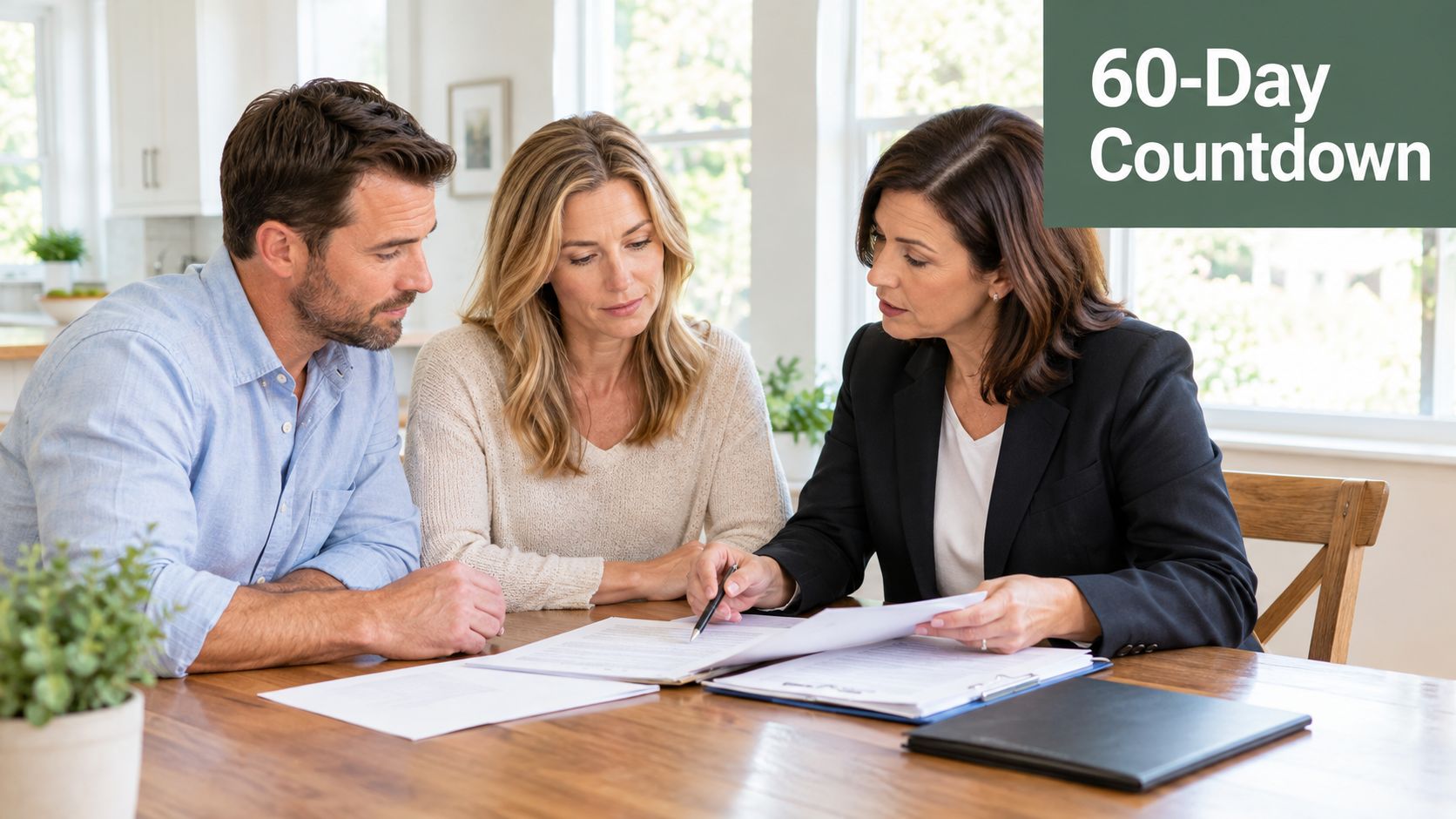 A couple consults with a professional regarding legal documents at a wooden table in a home office.