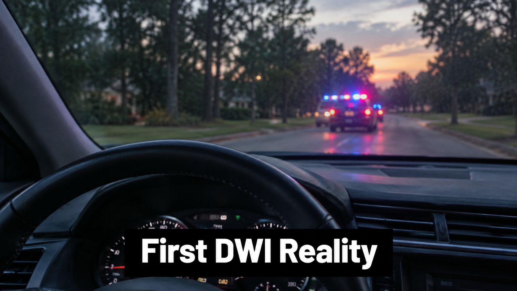 A view from inside a car looking at a police vehicle with flashing lights during dusk.