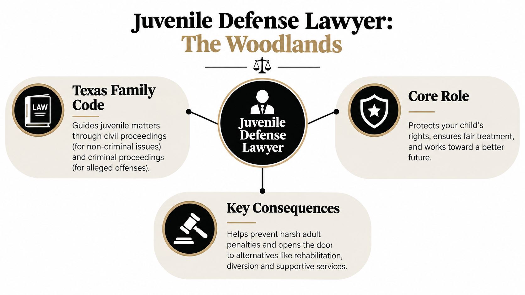 An infographic detailing the role of a Juvenile Defense Lawyer in The Woodlands, Texas, regarding legal proceedings.