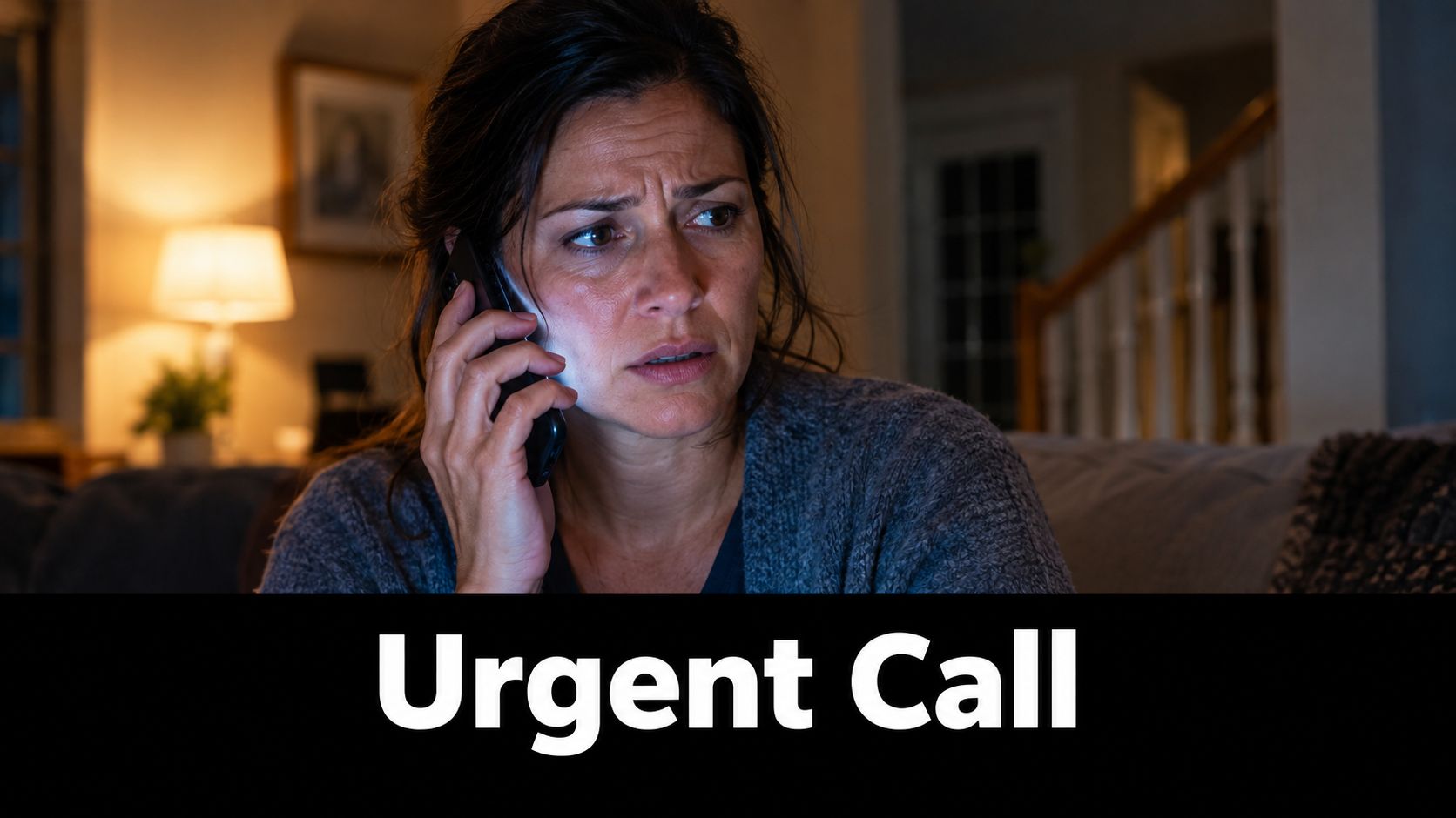 A concerned woman sits on a couch in a dimly lit home while talking on her phone.