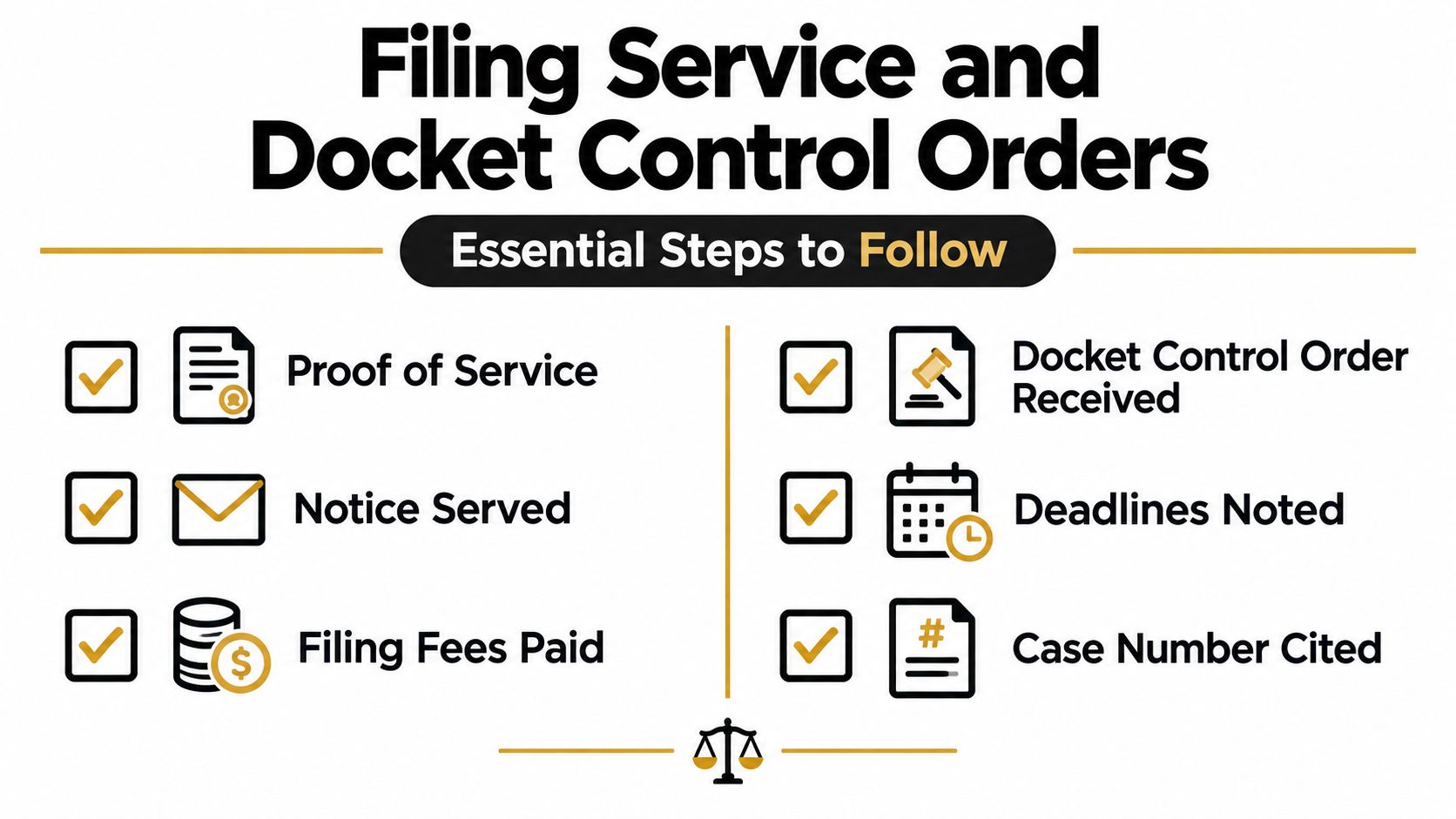 An infographic checklist outlining essential steps for Filing Service and Docket Control Orders in a legal context.