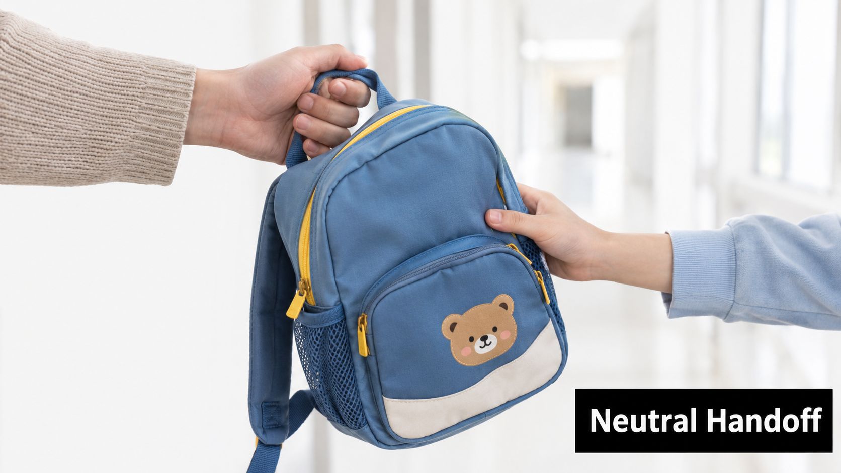 An adult hand handing a small blue backpack with a bear design to a child's hand.