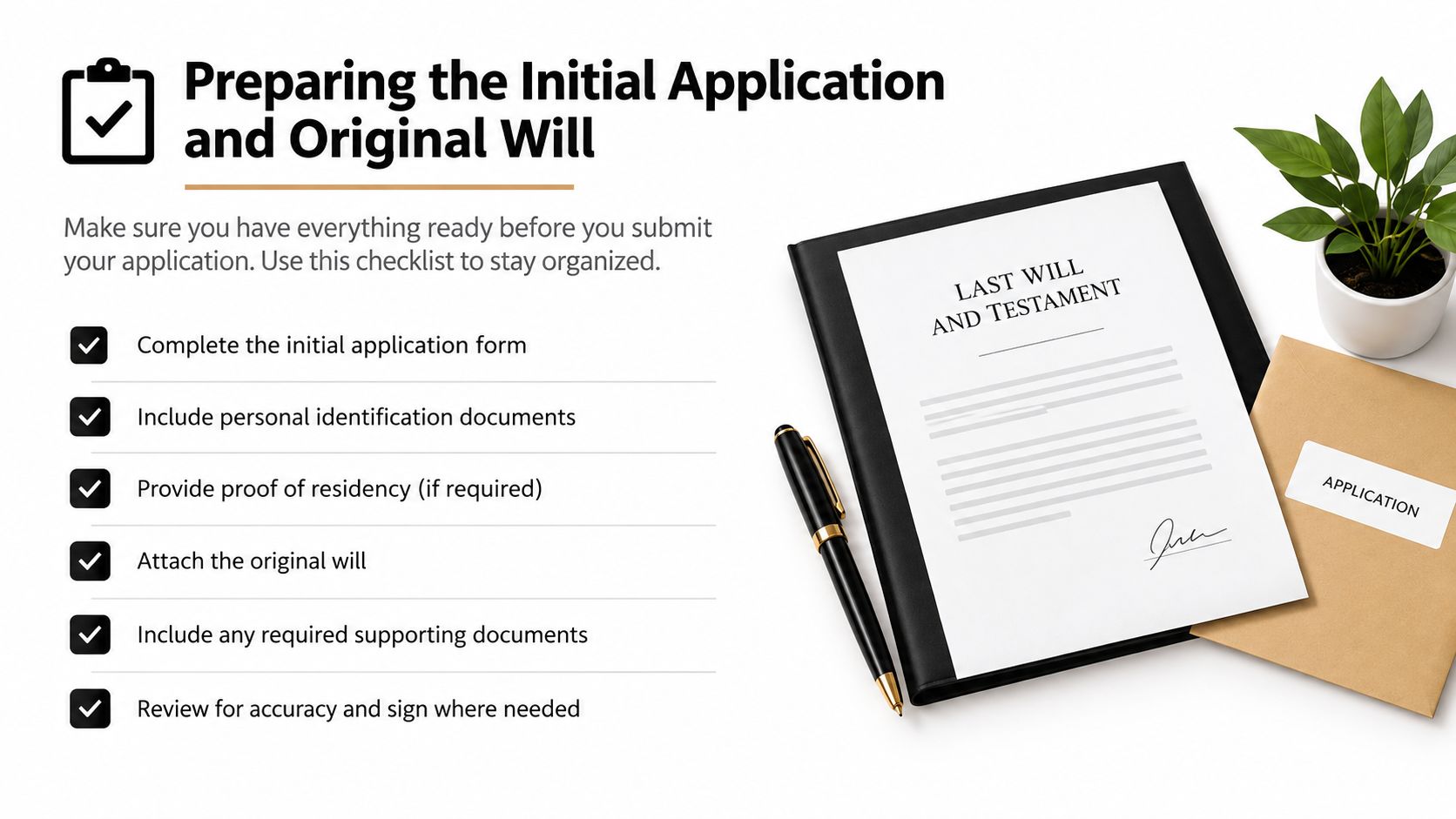 A checklist for preparing an initial probate application and original will, including necessary documentation and review steps.