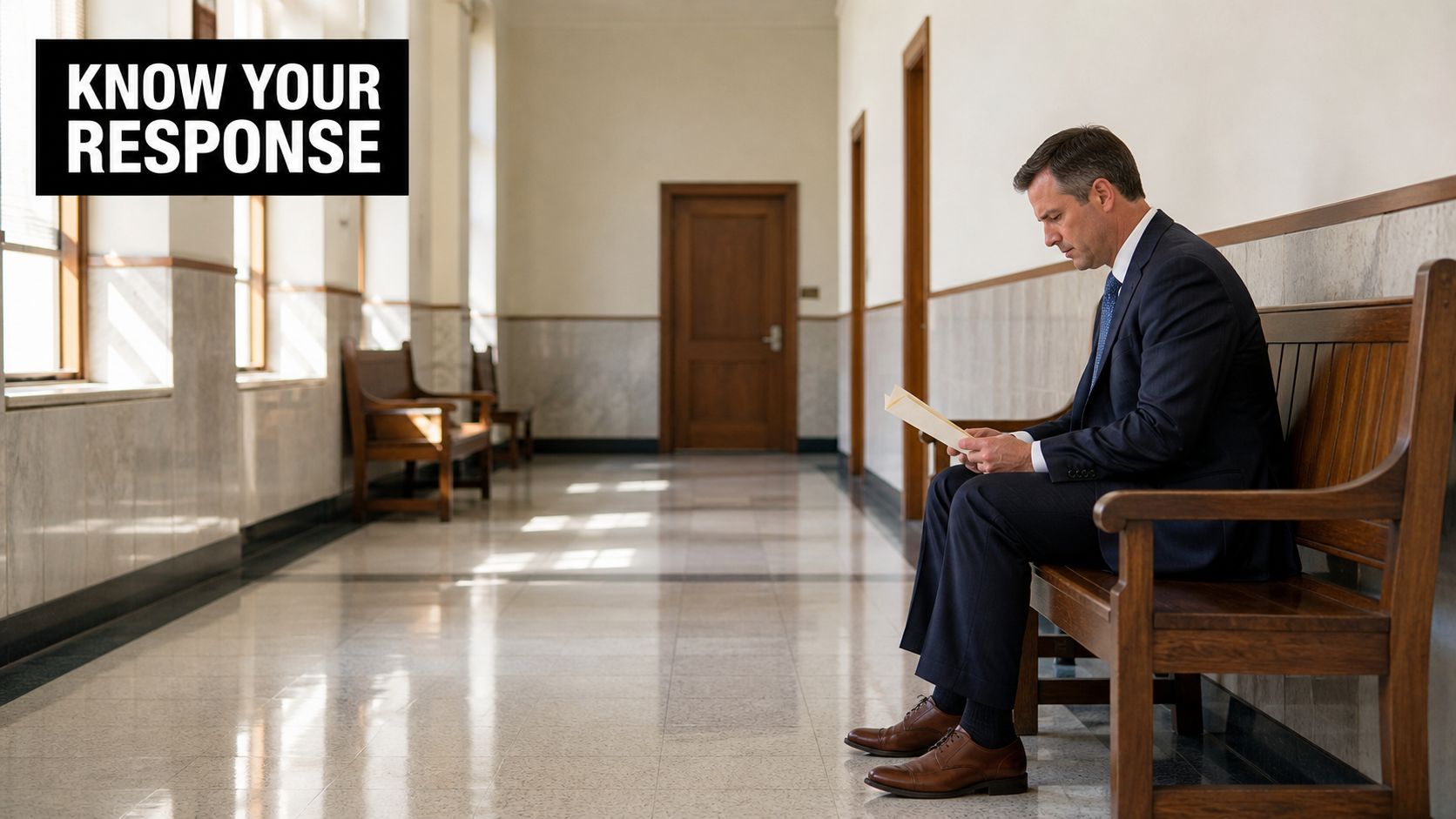 A professional man in a business suit sits on a wooden bench reading documents in a hallway.