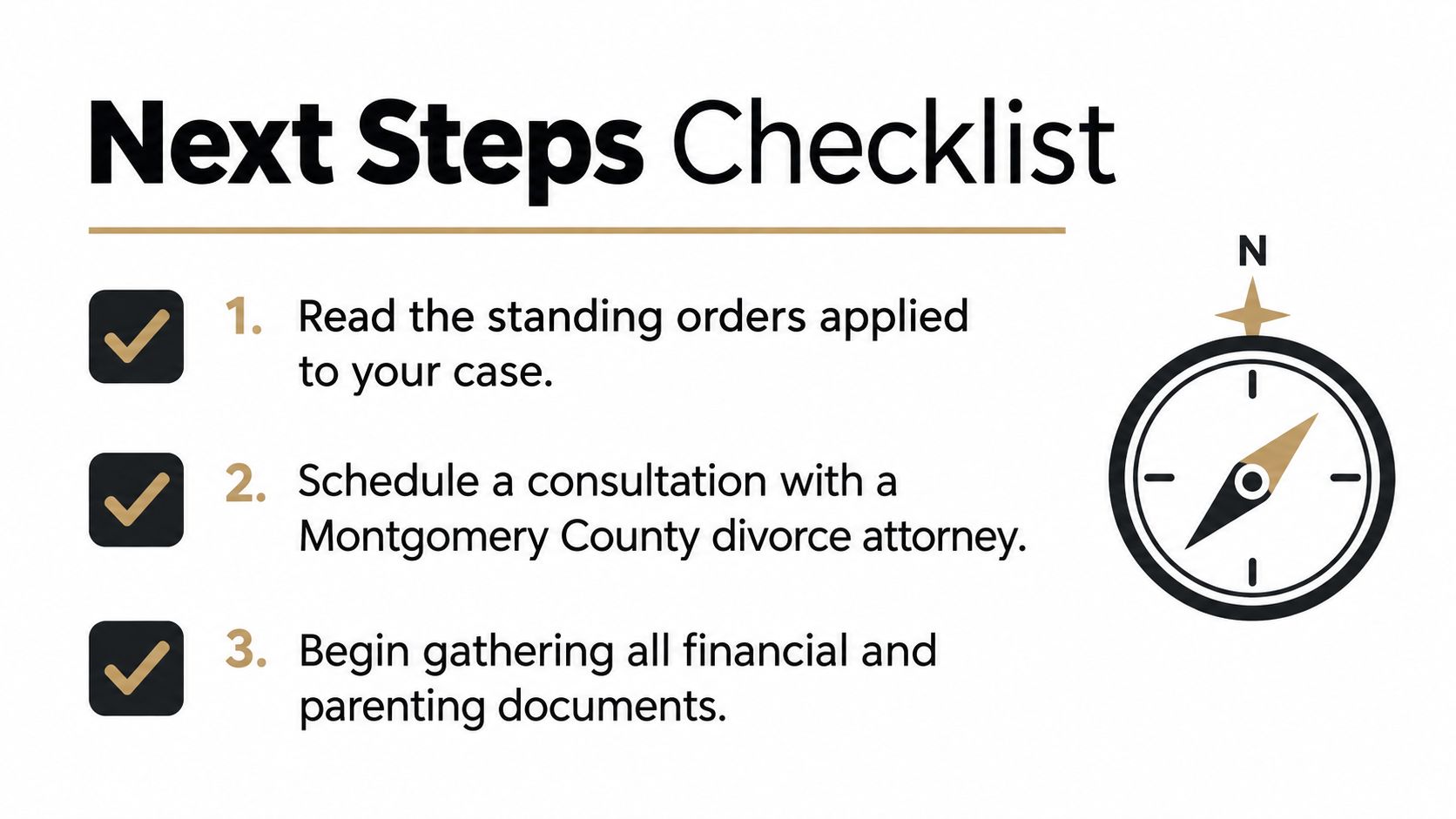 A checklist for legal proceedings in Montgomery County, featuring three steps to follow during a divorce process.
