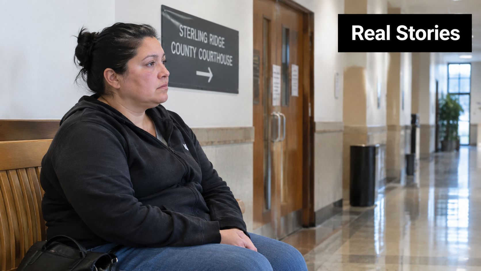 A concerned woman sitting on a wooden bench inside the Sterling Ridge County Courthouse hallway waiting area.