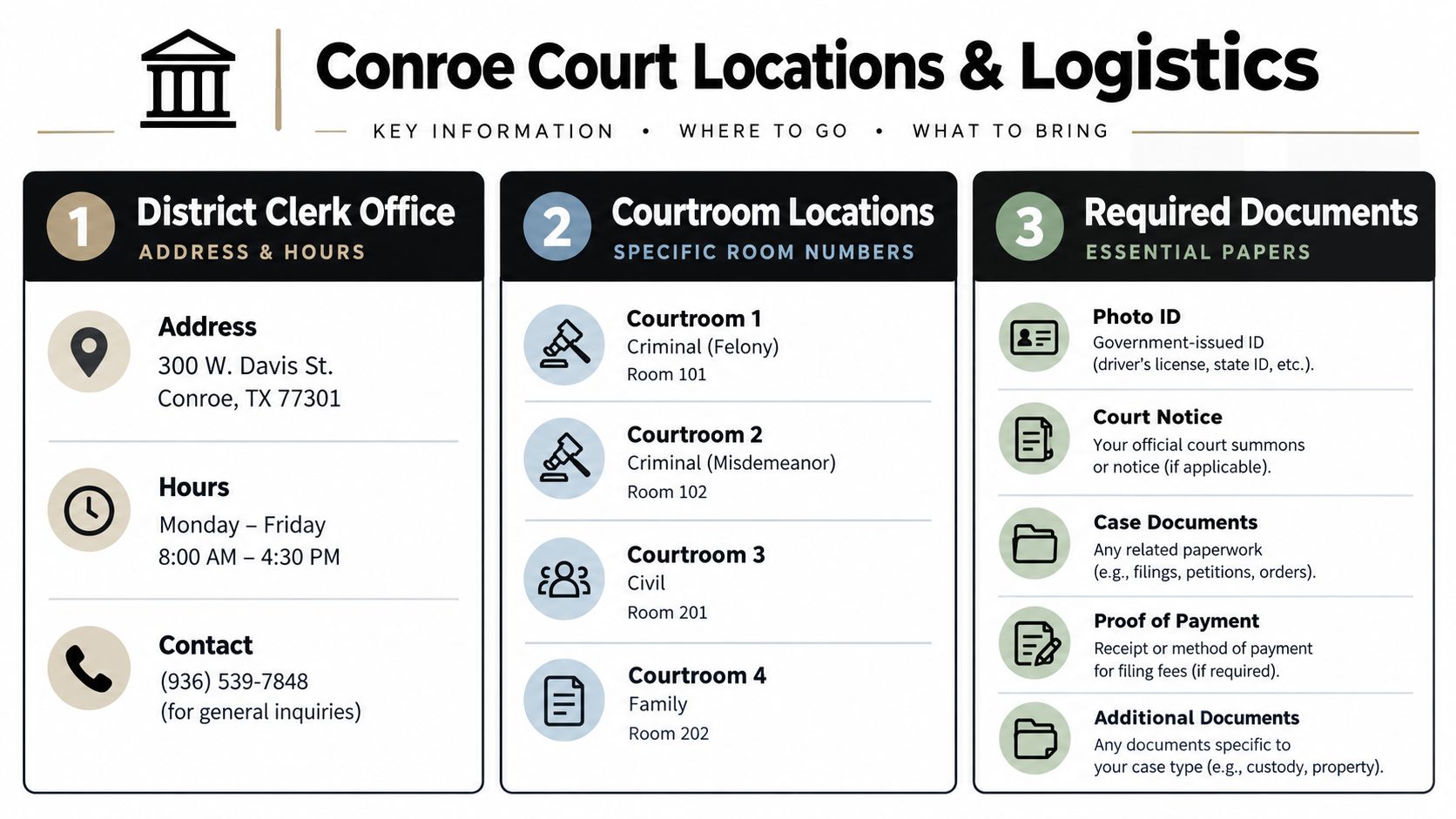 Informational guide on Conroe Court locations, operating hours, room numbers, and required documentation for visitors.