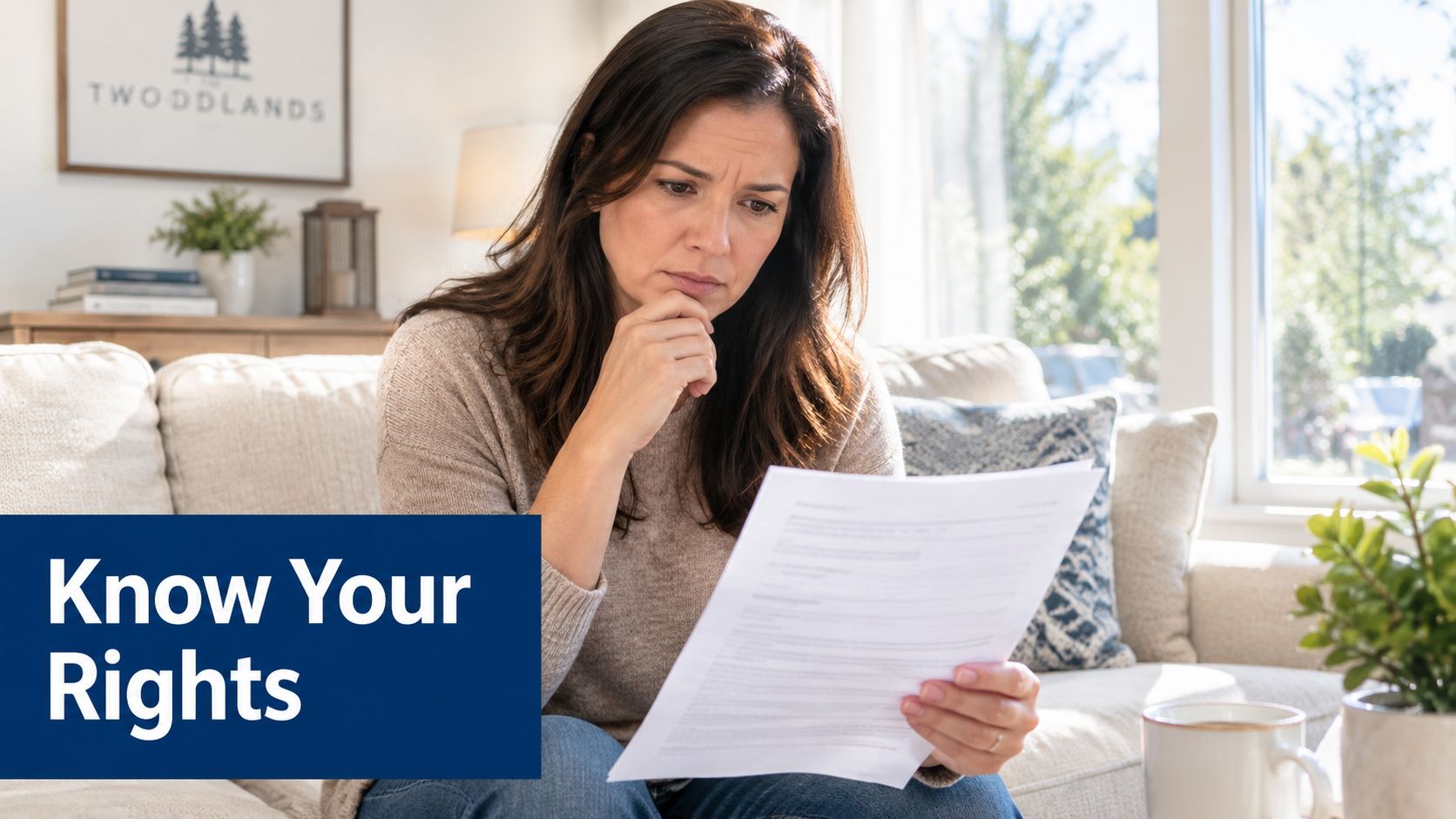 A concerned woman sitting on a couch reading a legal document about child support rights.