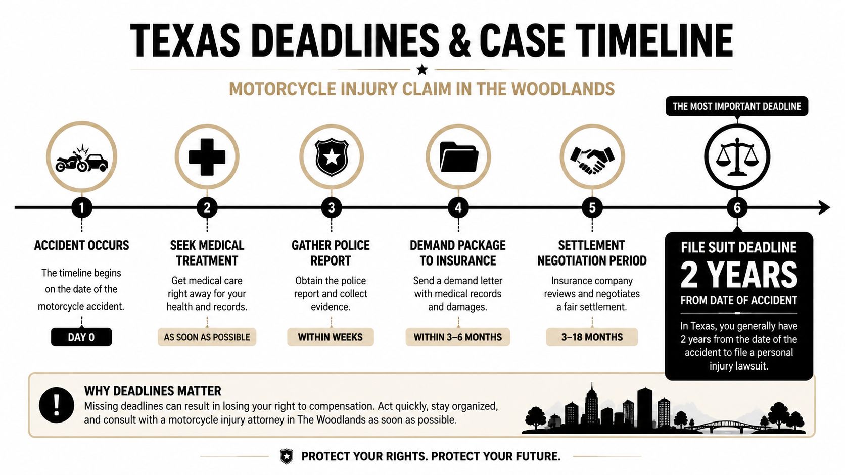 A timeline graphic outlining the legal steps and deadlines for a motorcycle injury claim in Texas.