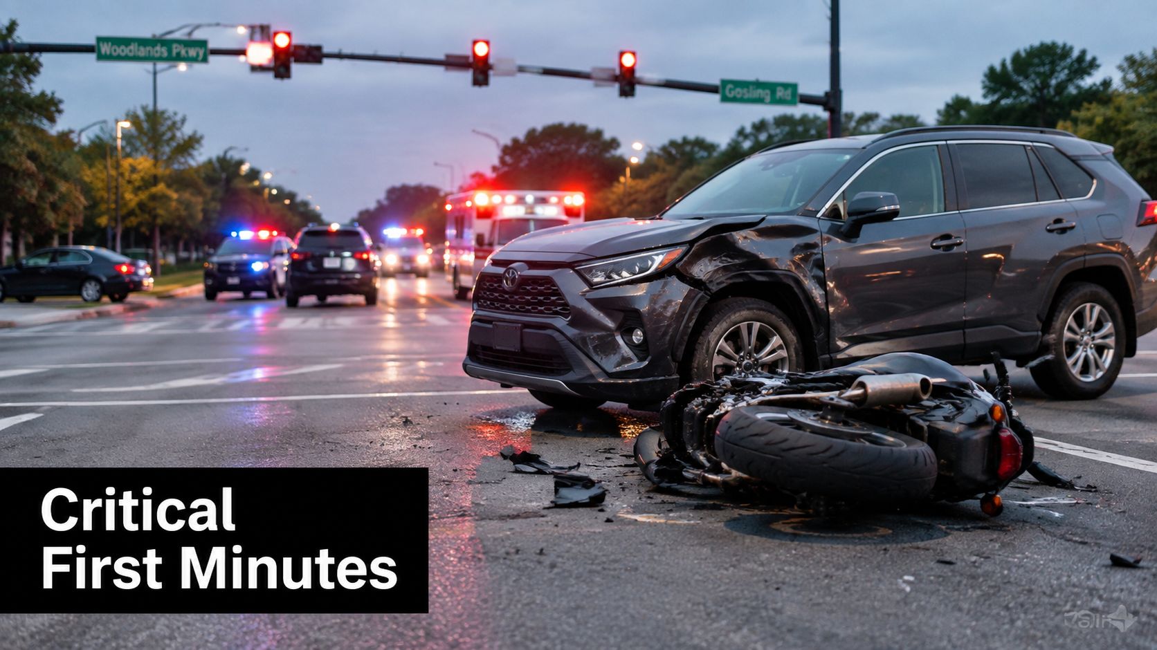 A gray SUV and a motorcycle involved in a severe traffic accident at an intersection at dusk.