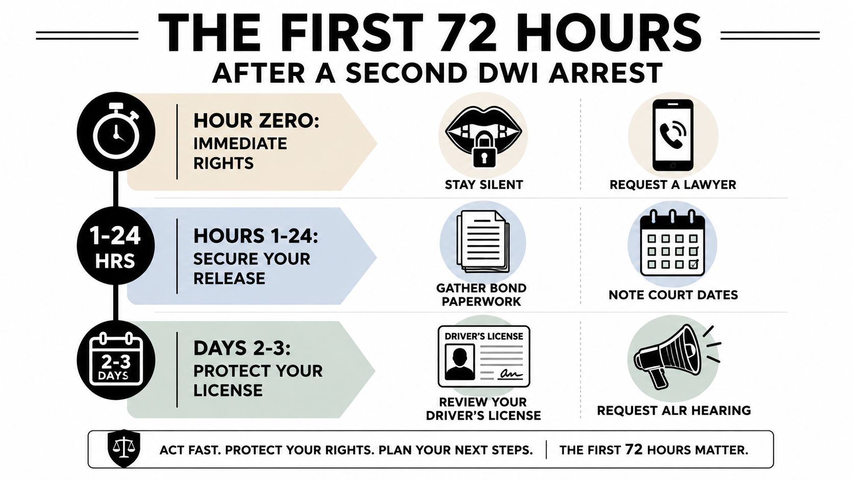 An infographic showing steps to take during the first 72 hours after a second DWI arrest.