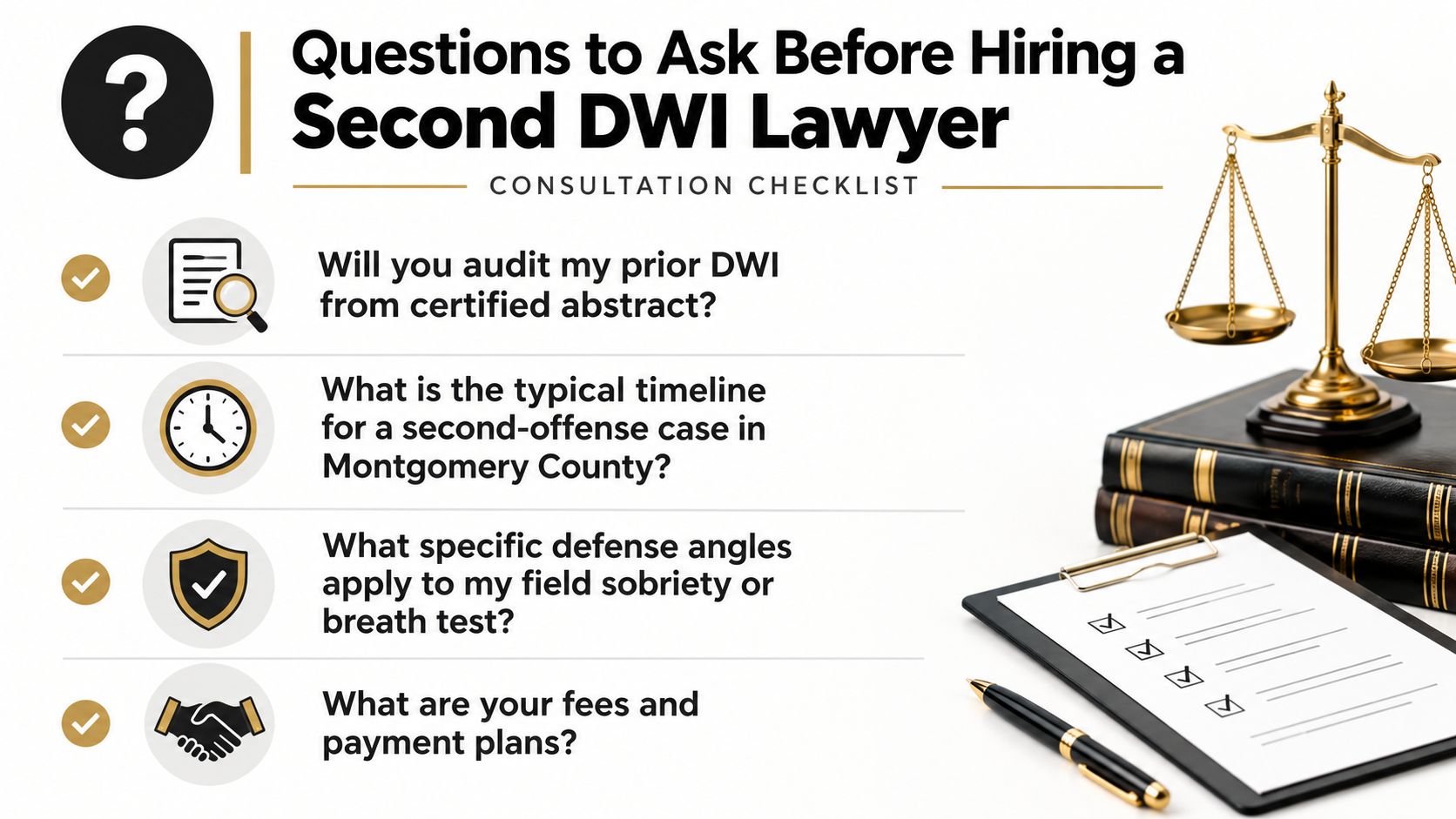 A checklist of important questions for individuals to ask before hiring a second DWI lawyer.