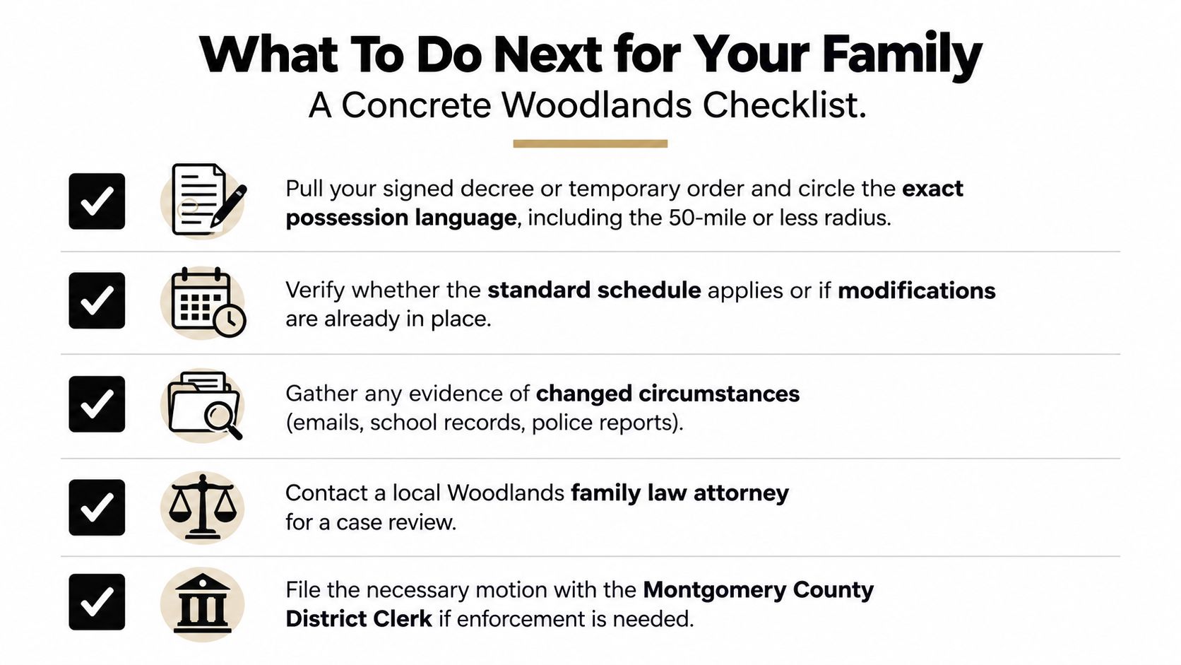 A checklist titled What To Do Next for Your Family regarding child custody legal procedures.