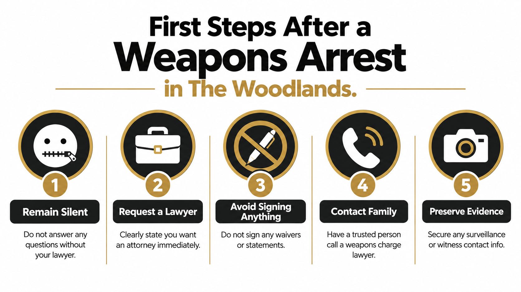 An infographic detailing five essential steps to take following a weapons arrest in The Woodlands, Texas.