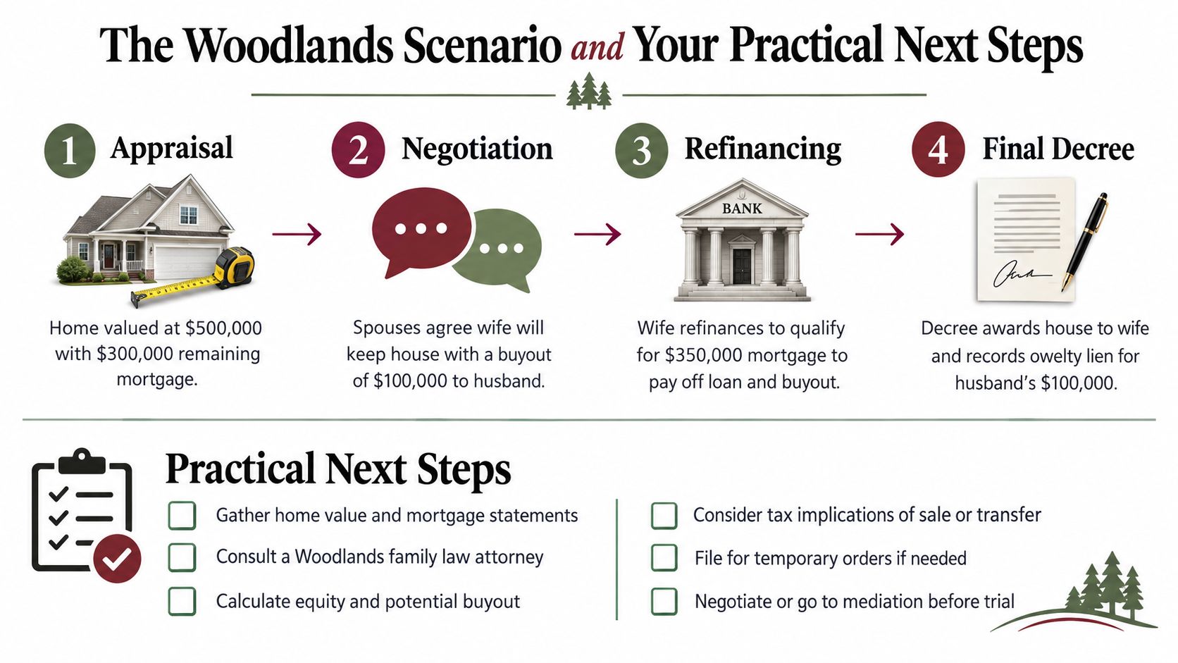 An infographic detailing the four-step process for handling home ownership during a divorce in The Woodlands, Texas.