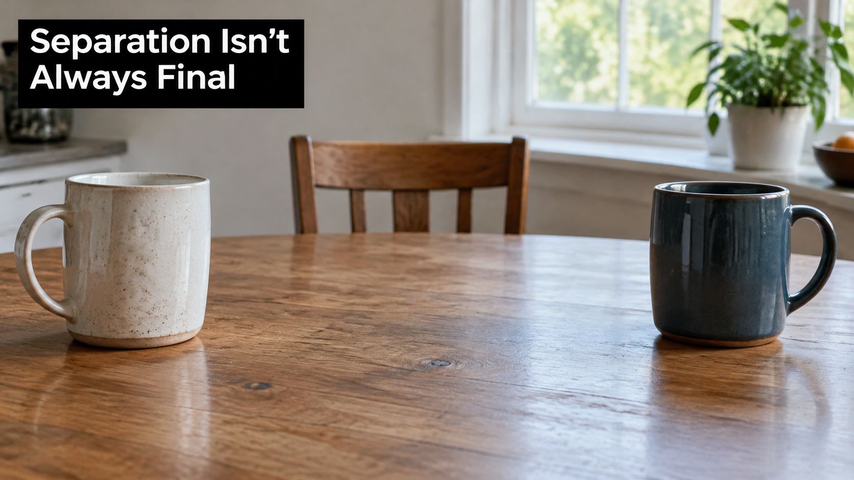 Two coffee mugs sitting on a wooden table with a chair in the background and natural light.
