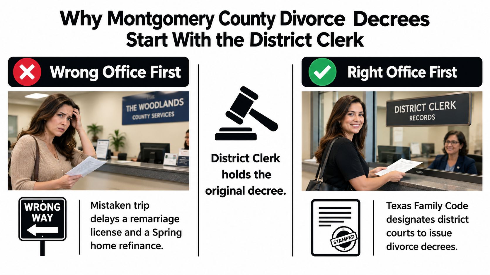 An infographic showing that the District Clerk is the correct office for Montgomery County divorce decrees.