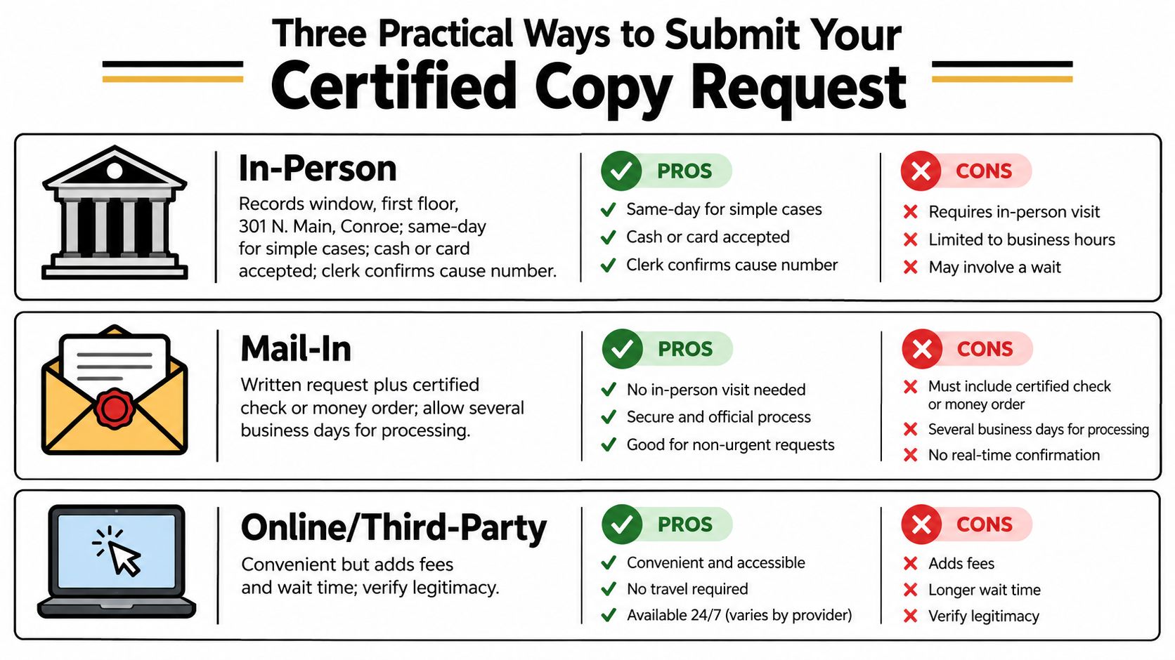 An infographic showing three practical ways to submit a certified copy request: in-person, mail-in, and online.
