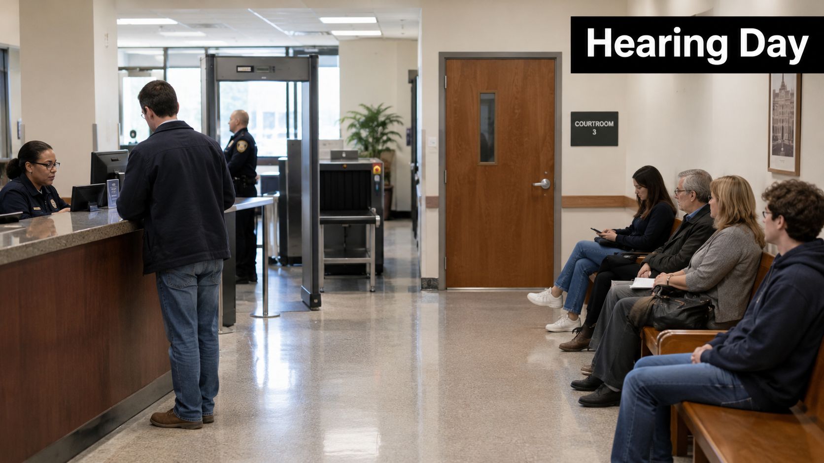 A man speaks to a court clerk at a reception desk while people wait on benches nearby.