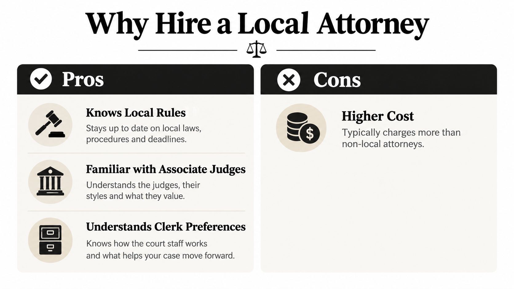 A comparison chart outlining the pros and cons of hiring a local attorney for legal representation.