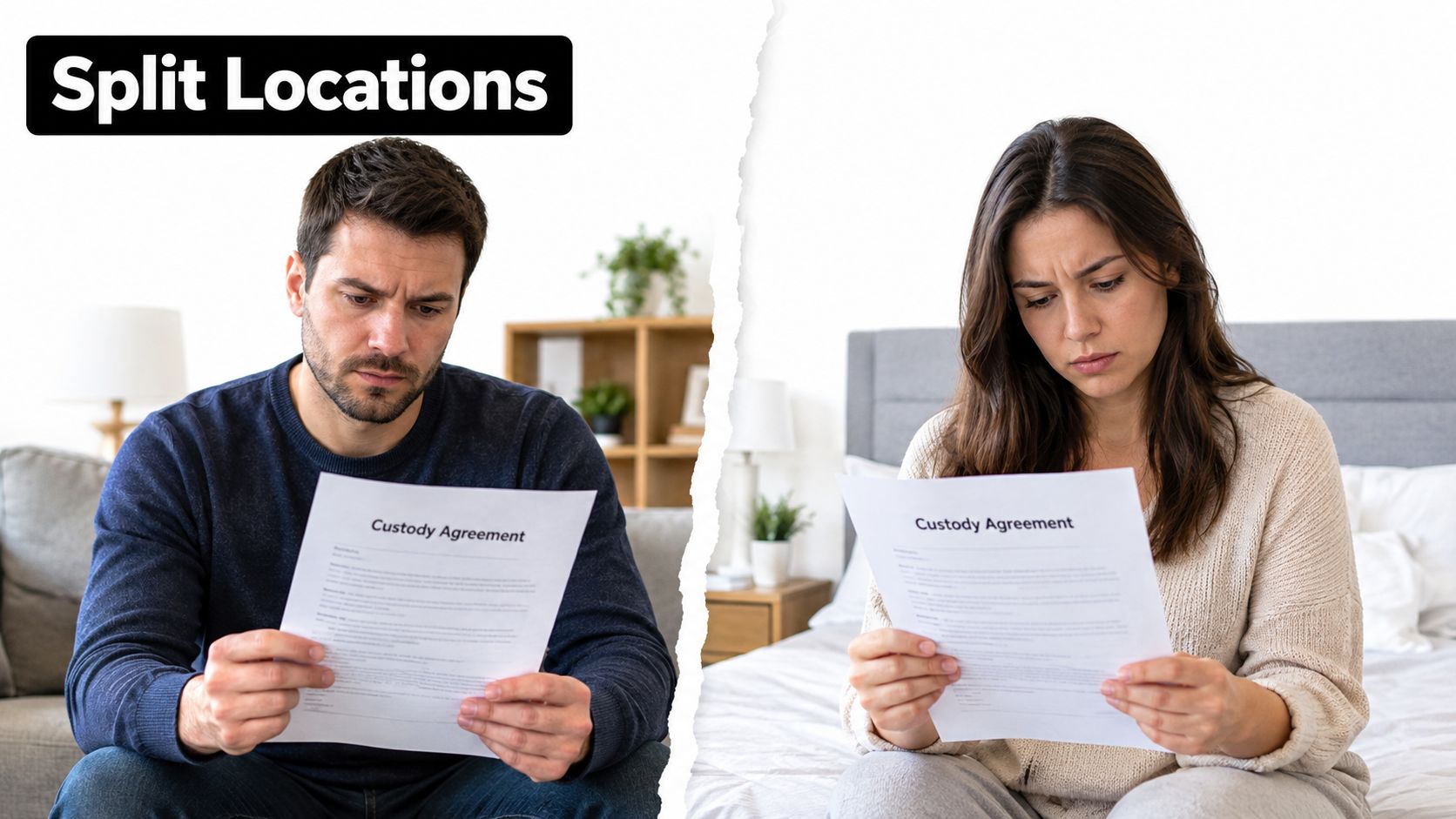 A man and a woman sitting in separate rooms each holding a custody agreement document looking concerned.