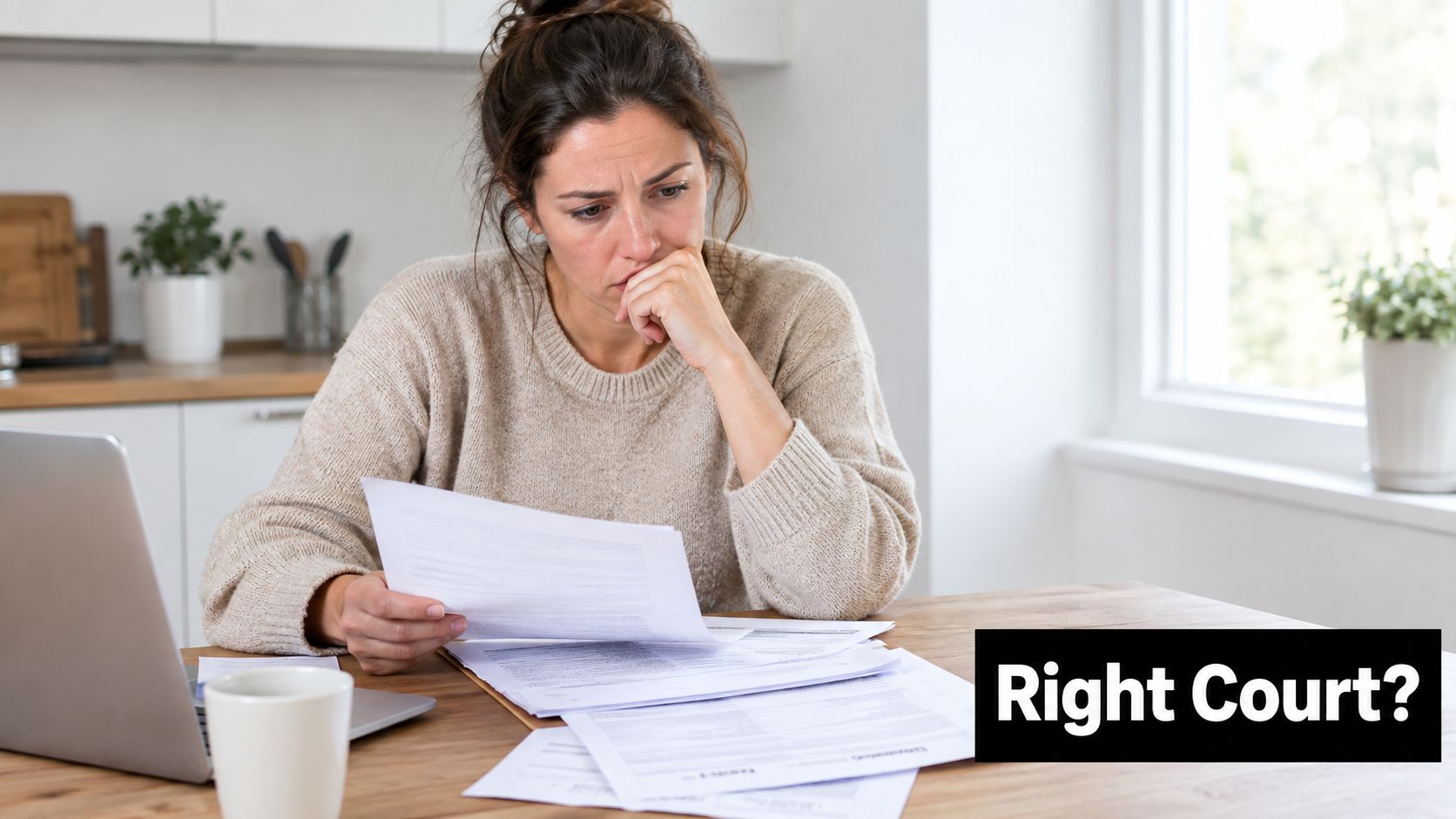 A concerned woman sitting at a table with documents, looking stressed while reviewing legal paperwork.