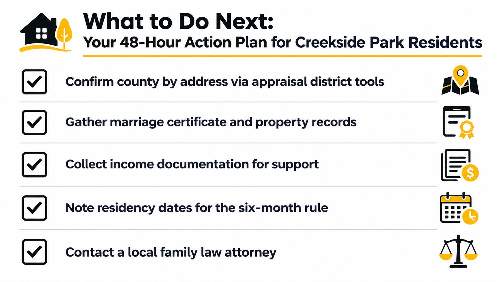 A 48-hour action plan checklist for Creekside Park residents navigating divorce in Harris or Montgomery county.