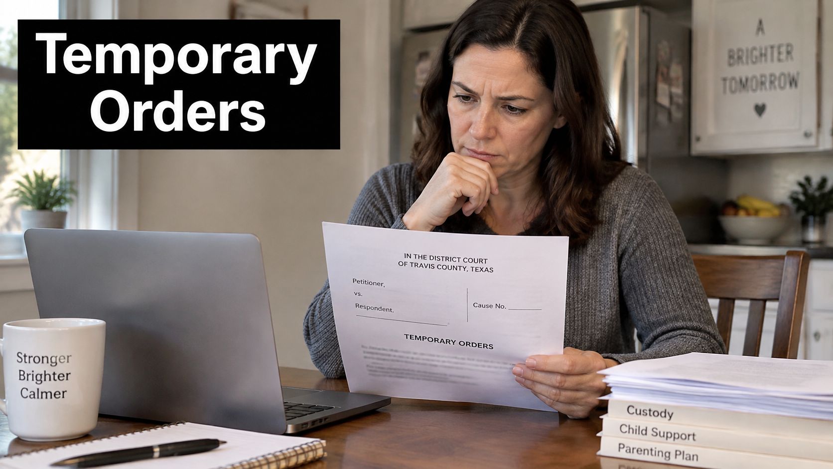 A concerned woman sitting at a table with legal documents regarding temporary court custody orders and parenting plans.