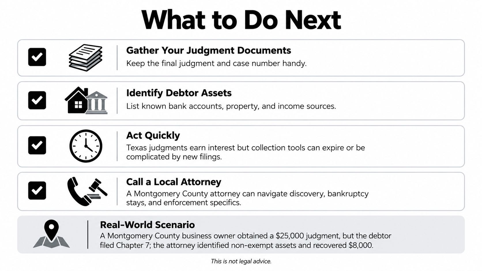 A guide listing steps for judgment enforcement including gathering documents, identifying assets, acting quickly, and contacting an attorney.