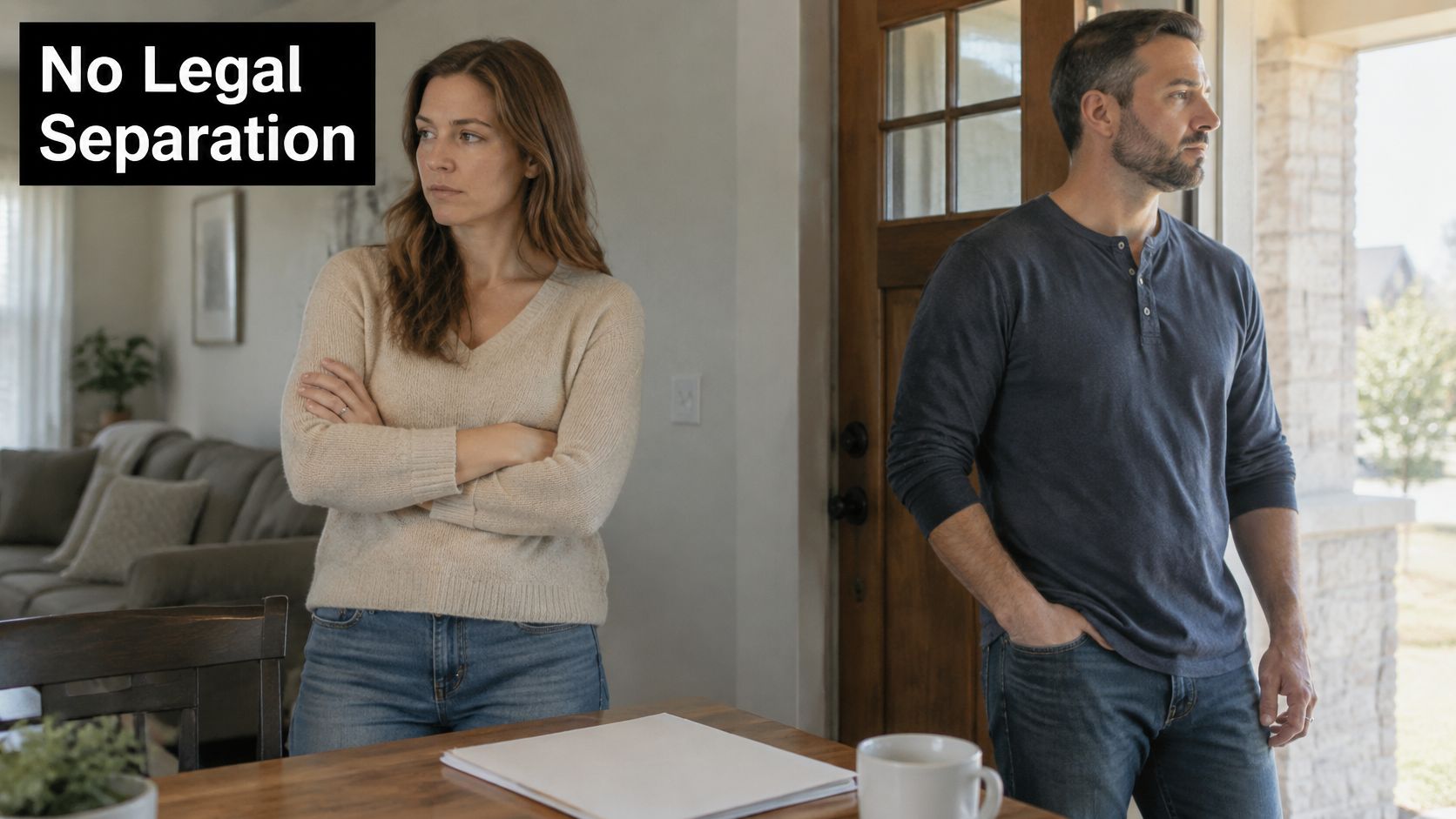 A couple standing in their home looking away from each other, representing marital discord or separation issues.