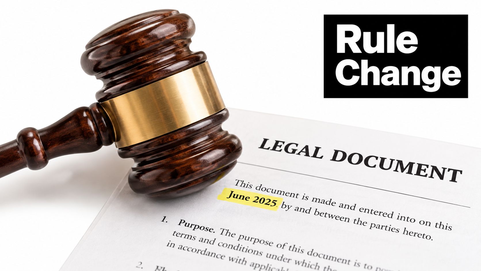 A wooden gavel resting on a legal document featuring highlighted text with the date June 2025.
