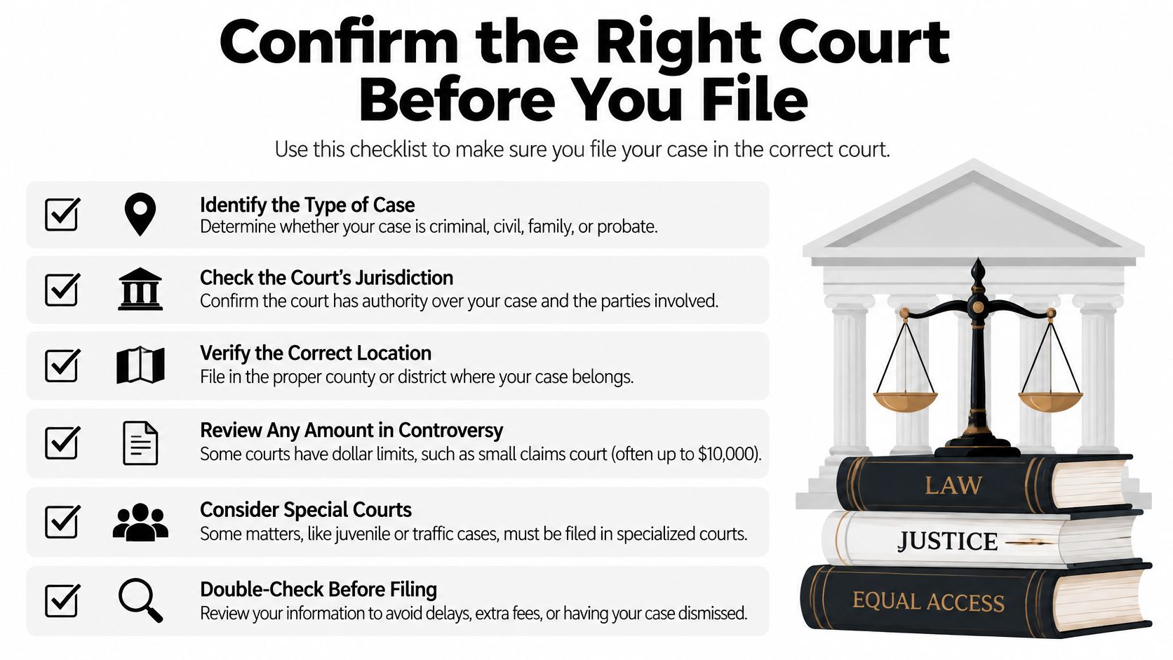 A checklist infographic titled Confirm the Right Court Before You File detailing six steps for legal filing.