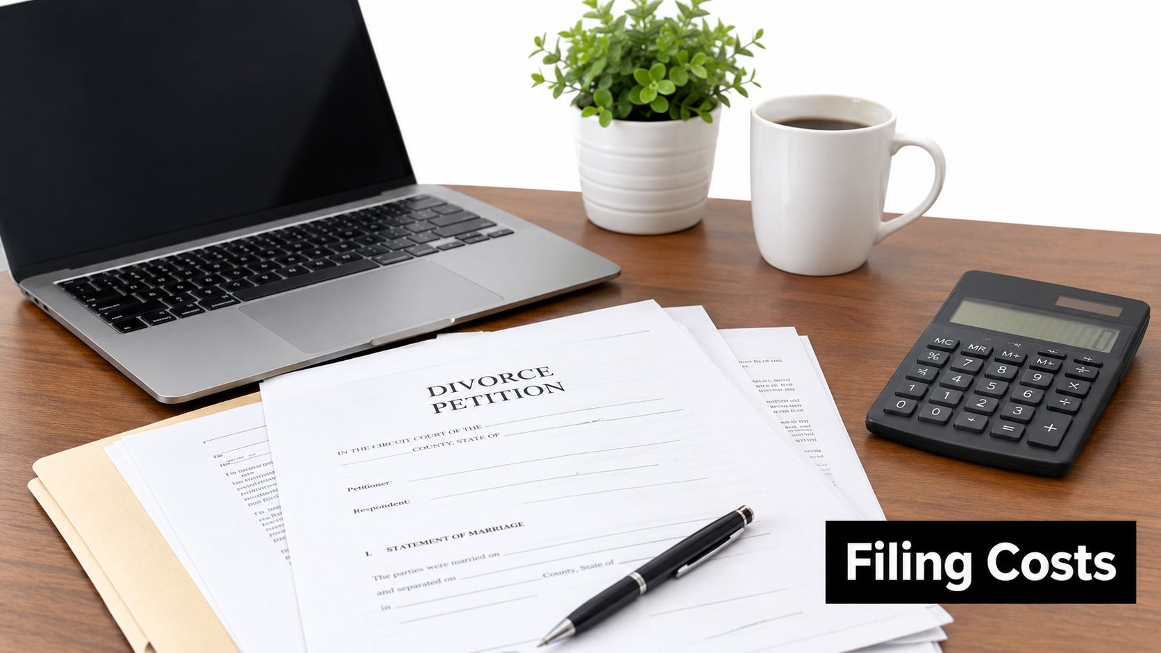 A laptop, coffee, calculator, and divorce petition document on a wooden desk for legal filing preparation.