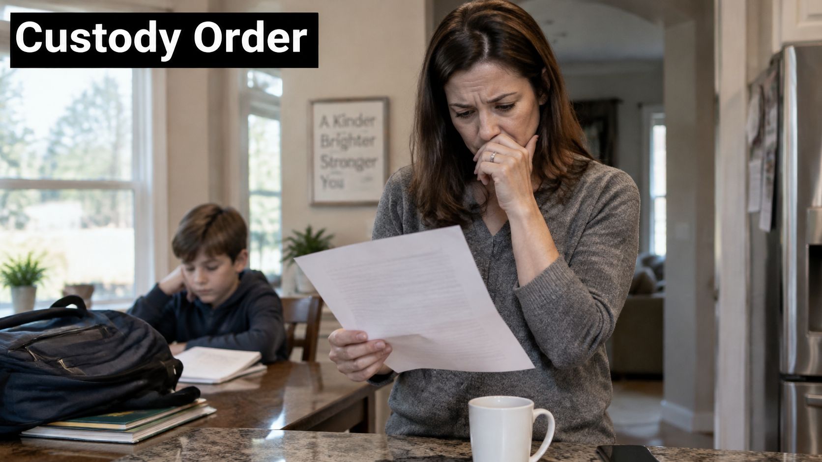 A worried woman looking at a legal document at home while a child studies in the background.
