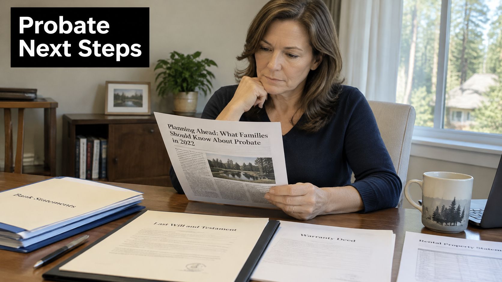 A middle-aged woman reviewing probate and estate planning documents while sitting at a desk with paperwork.