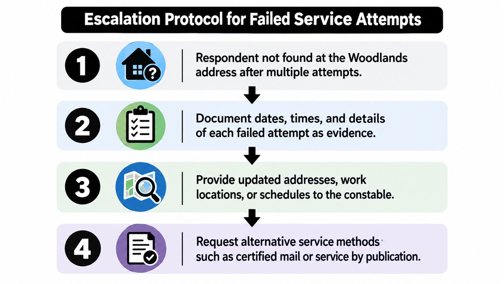 A four-step infographic illustrating the escalation protocol for failed service attempts in Montgomery County.