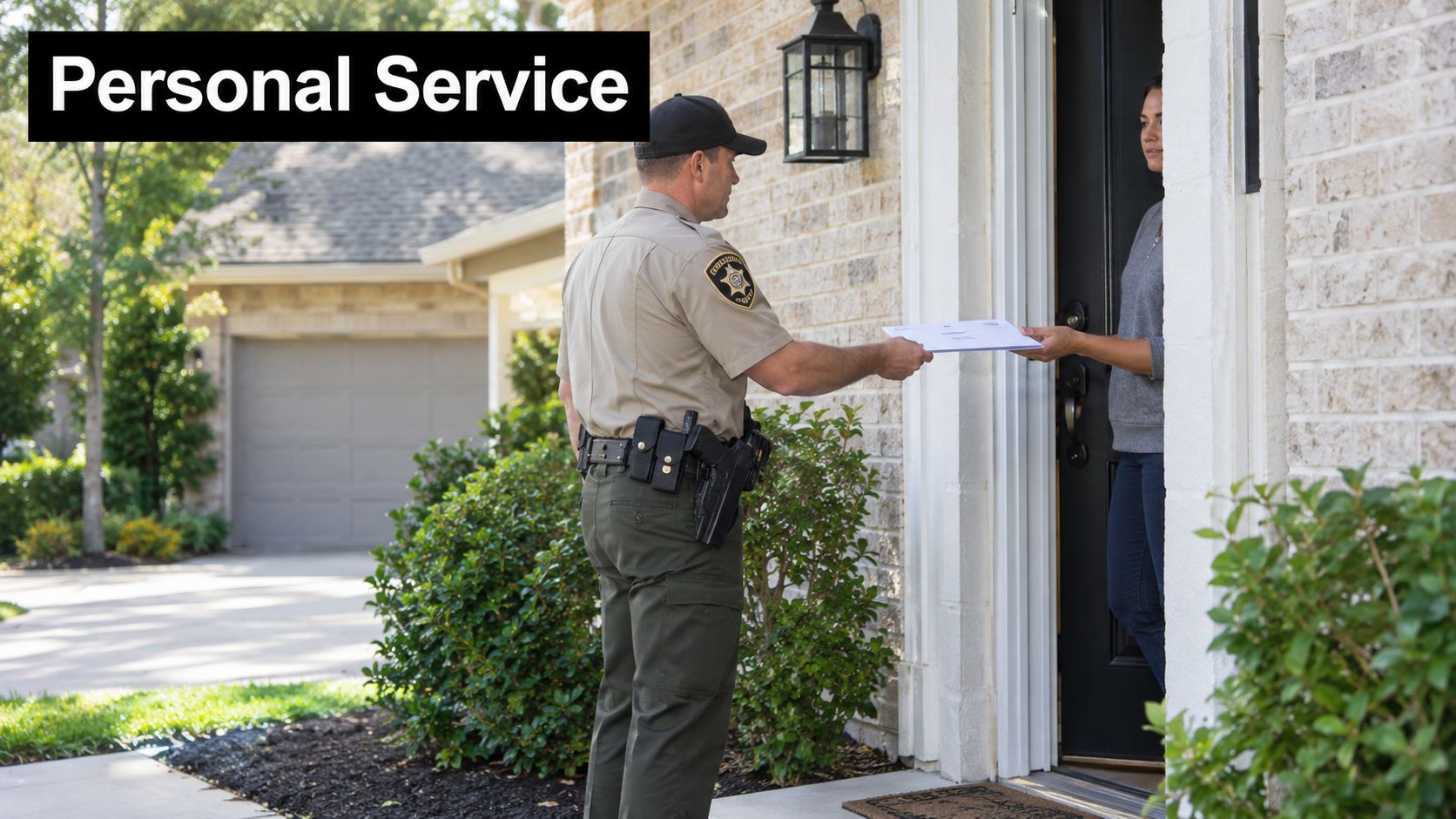 A uniformed sheriff officer handing legal documents to a woman standing at her front door.