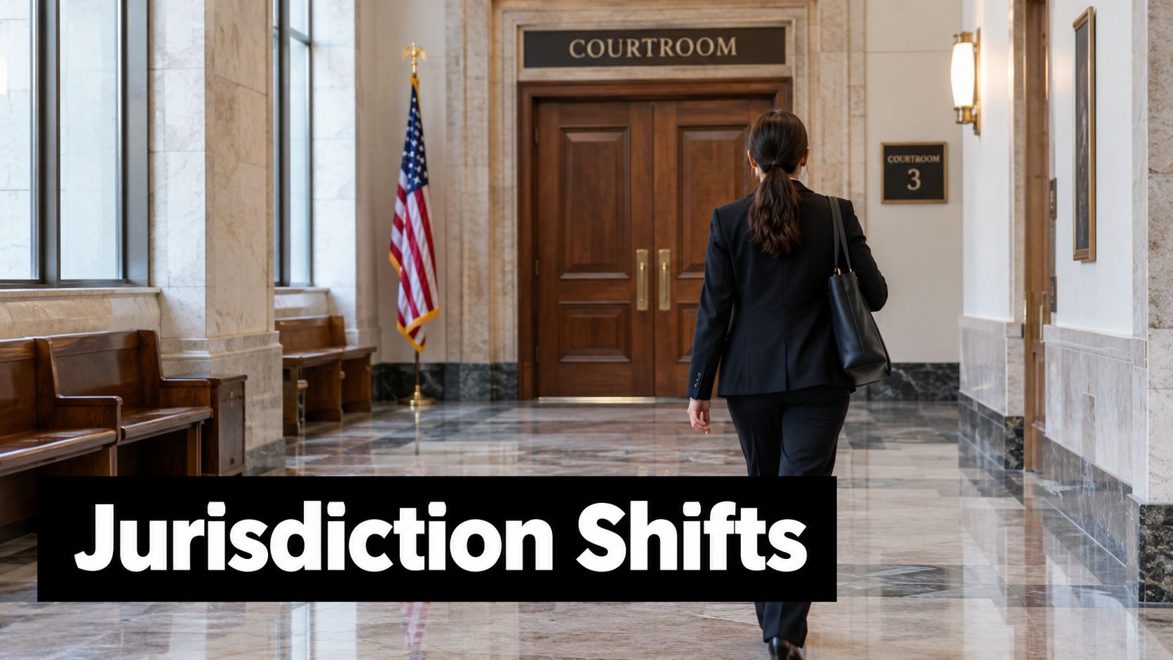 A woman in a business suit walking through a courthouse hallway toward a courtroom door.