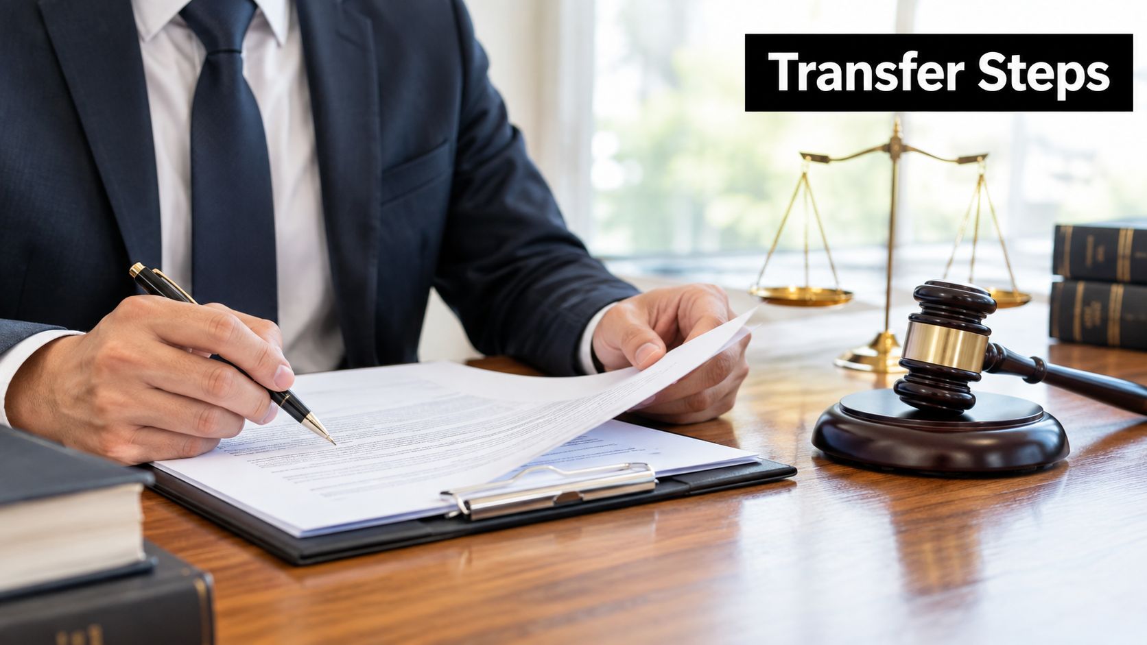 A professional lawyer in a suit signs legal documents at a desk with a wooden gavel.